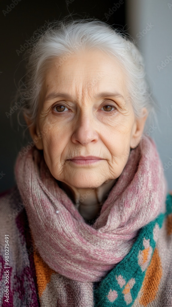 Warm winter portrait of an elderly woman with gentle eyes for card or poster Warm winter portrait of an elderly woman with gentle eyes for card or poster