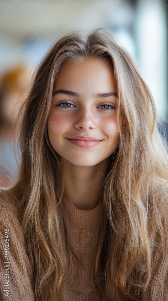 Warm smiling teenage girl in cozy sweater Warm smiling teenage girl in cozy sweater