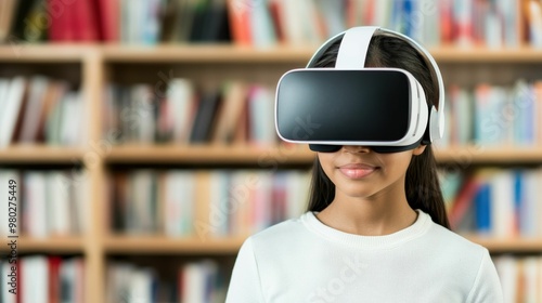 Wallpaper Mural A young girl wearing a virtual reality headset in a library, engaging in immersive learning and exploring virtual worlds in an educational environment. Torontodigital.ca