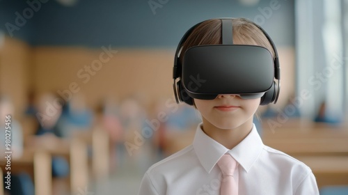 A young boy wearing a virtual reality headset in a classroom, participating in educational activities, showcasing modern learning techniques with VR.