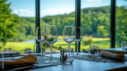 Table Setting with Wine Glasses and a View of a Golf Course