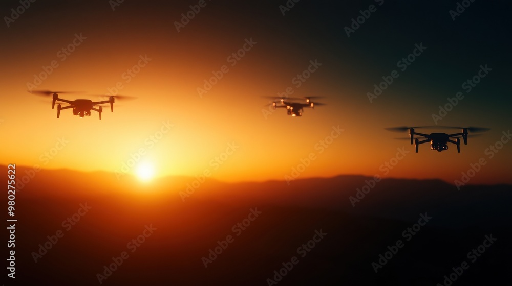 Drones flying against a stunning sunset backdrop, showcasing technology and nature in harmony during the golden hour. Drones flying against a stunning sunset backdrop, showcasing technology and nature in harmony during the golden hour.