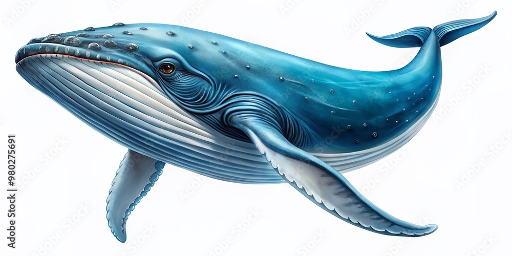 Isolated illustration of a massive blue whale swimming in various poses on a transparent background, showcasing its enormity and gentle giant nature.