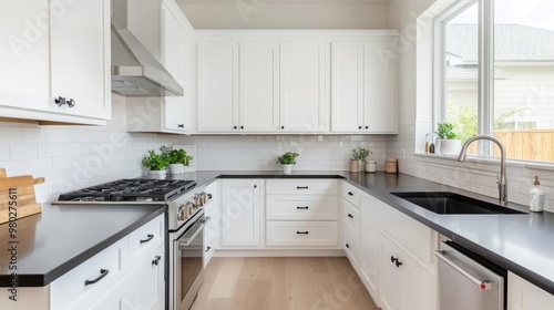 Elegant kitchen with sleek black countertops, open space, minimal accessories, sun-filled room, wide angle, Sony a7 III