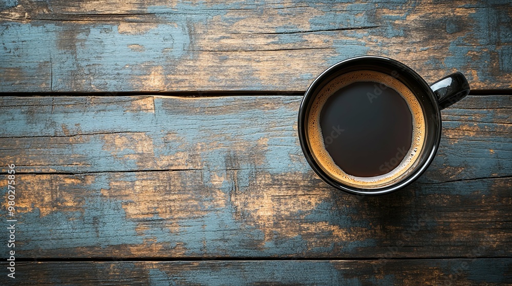 Black Coffee Cup on Weathered Wooden Surface Black Coffee Cup on Weathered Wooden Surface