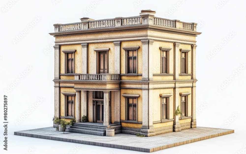 Obraz premium Elegant architectural model of a classic building with detailed exterior, ideal for commercial and residential design projects.
