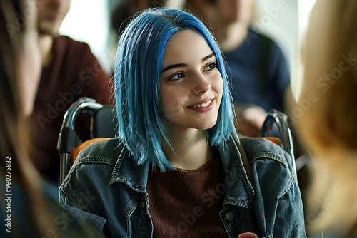 Disabled student with blue hair socializes in college, showing an accessible environment.