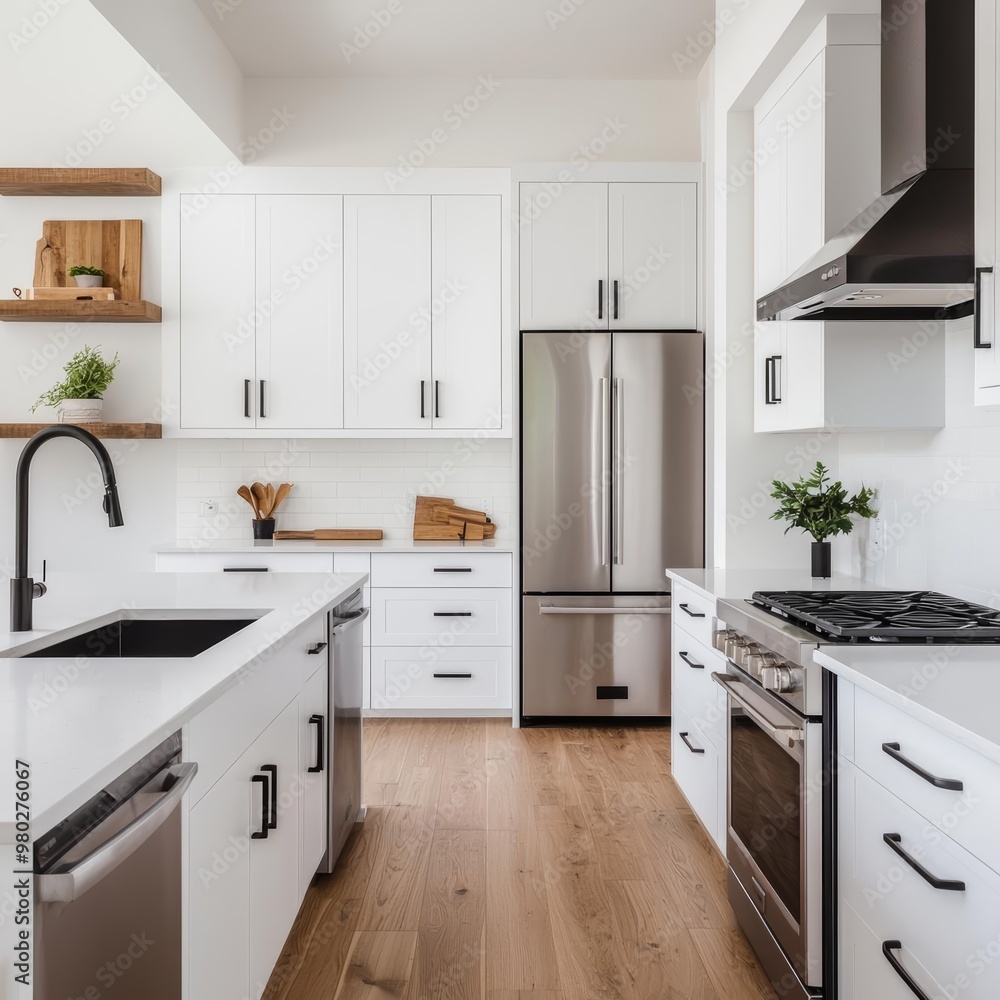 Fototapeta premium Minimalist kitchen with stainless steel appliances, white quartz countertops, airy space, soft natural light, Sony a7 III wide angle