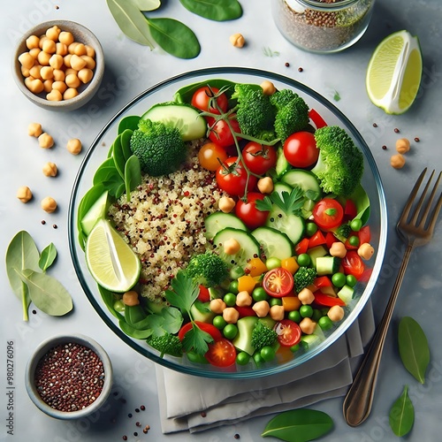 Fresh quinoa salad in jar with chickpeas, veggies, and herbs on grey. Perfect for clean eating lifestyle. photo