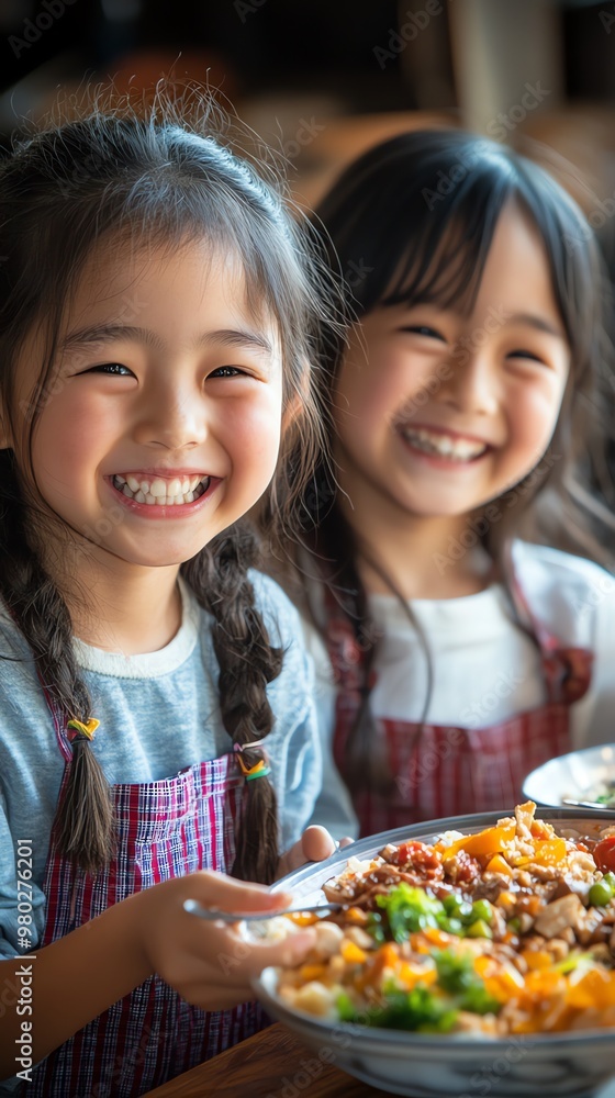 Two young girls wearing red and white checked aprons are sitting at a table eating food. They are both smiling brightly. Two young girls wearing red and white checked aprons are sitting at a table eating food. They are both smiling brightly.