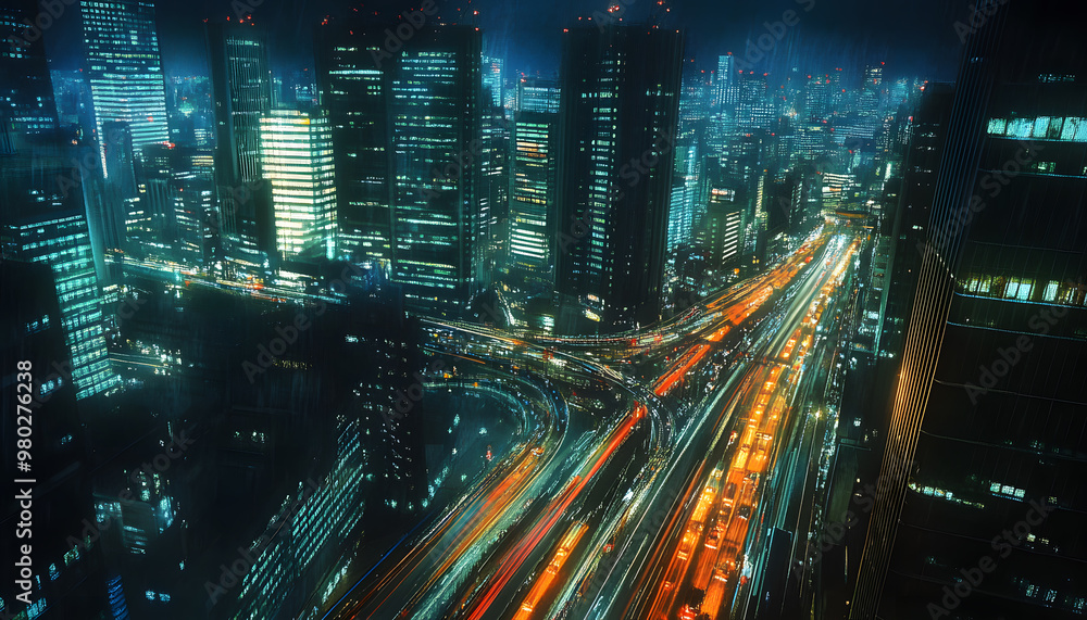 A bustling city at night, with skyscrapers illuminated and traffic creating streaks of light A bustling city at night, with skyscrapers illuminated and traffic creating streaks of light