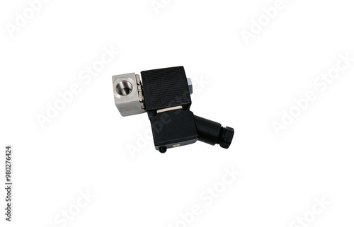 A photos of black and silver solenoid valve for mock up, png format, transparent background.