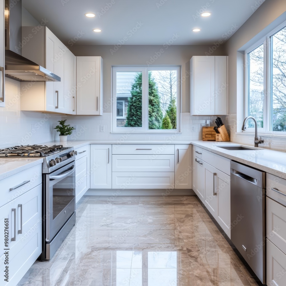 Fototapeta premium Spacious kitchen with sleek countertops, no clutter, soft natural light, wide-angle view, shot on Sony a7 III