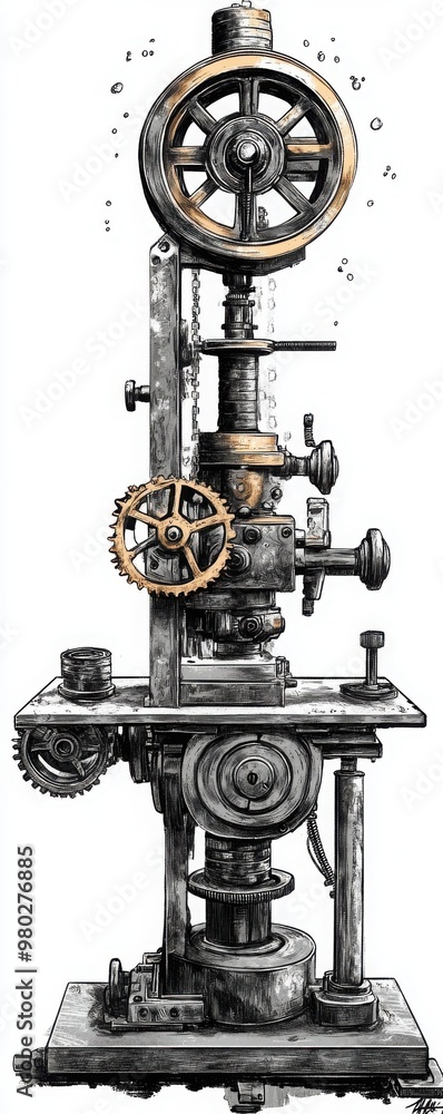 Fototapeta premium Vintage mechanical machine featuring gears and wheels, showcasing industrial design and engineering craftsmanship.