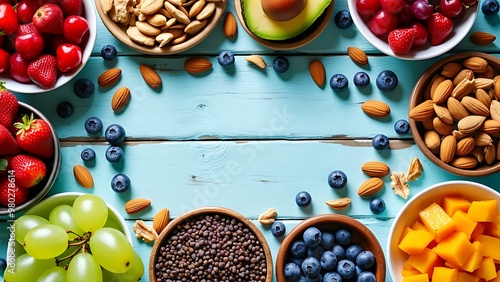 Assorted organic fruits, nuts, seeds, and grains on a wooden surface. Perfect for promoting a healthy lifestyle, nutrition, and wellness. Vibrant colors and variety make it visually appealing. photo