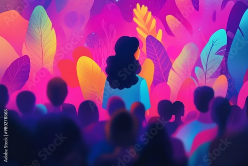 Woman standing in front of vibrant, abstract leaves and a crowd.