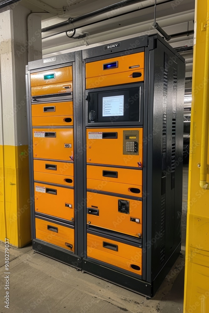 A row of yellow distribution cabinets indoors A row of yellow distribution cabinets indoors