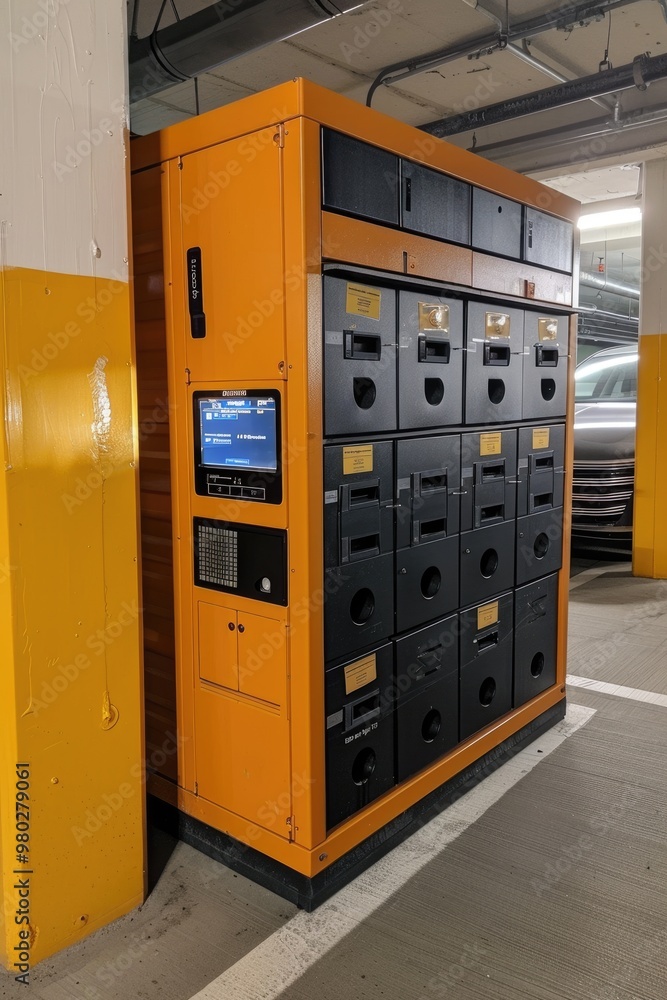 A row of yellow distribution cabinets indoors A row of yellow distribution cabinets indoors