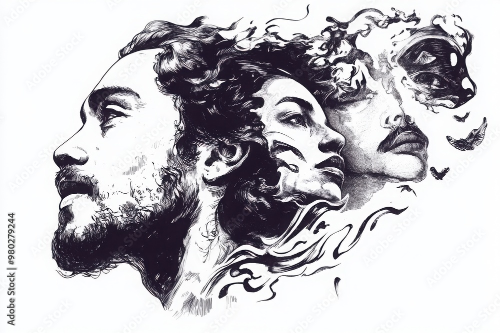 Fototapeta premium Artistic illustration portraying deep emotions and thoughts through abstract human faces merging with flowing elements.