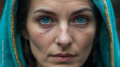 A woman with blue eyes and a turquoise hooded cloak gazes directly at the camera, her expression pensive and serious.