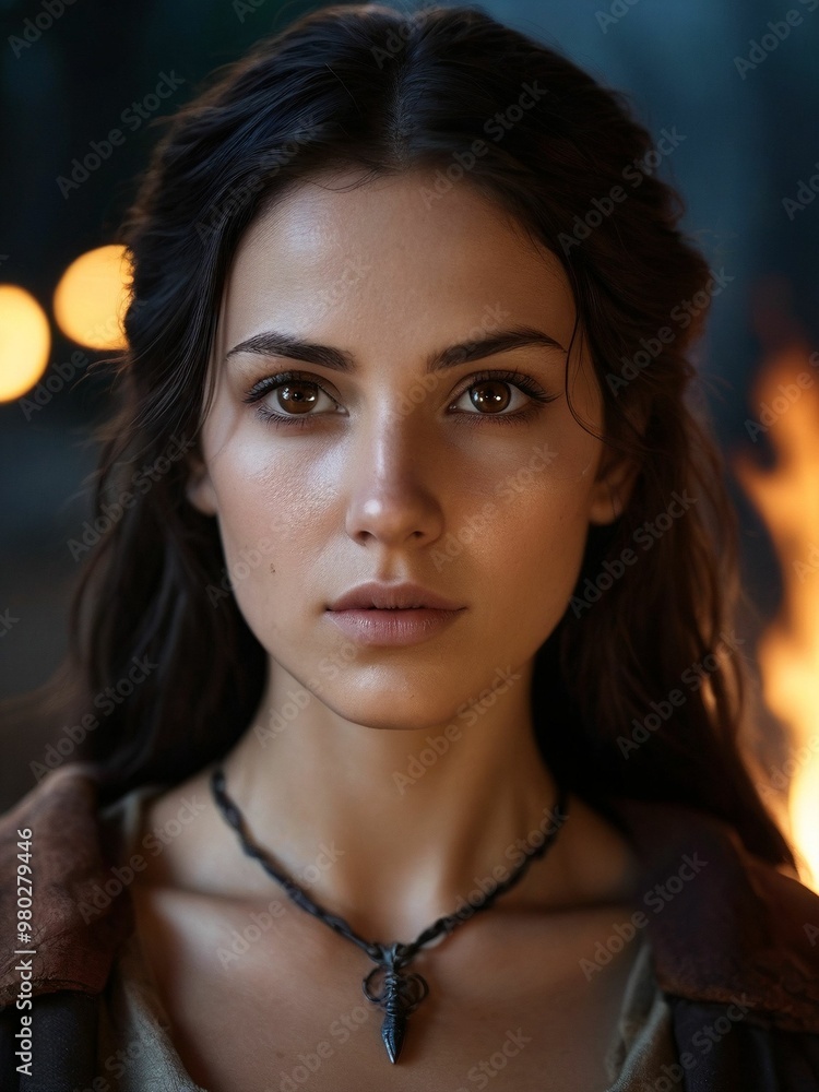 A woman with dark hair and a necklace, wearing a brown jacket, gazes directly at the camera with a serious expression, set against a blurred background of a fire. A woman with dark hair and a necklace, wearing a brown jacket, gazes directly at the camera with a serious expression, set against a blurred background of a fire.