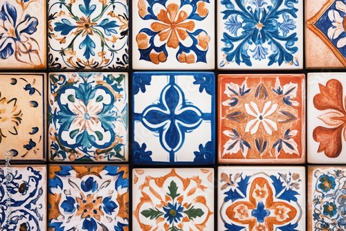 Colorful ceramic tiles with intricate floral patterns in blue, orange, and cream for artistic and architectural inspiration.