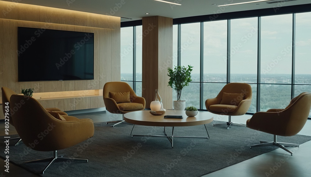 Fototapeta premium A stylish modern office lobby with bright city views and vibrant decor 101