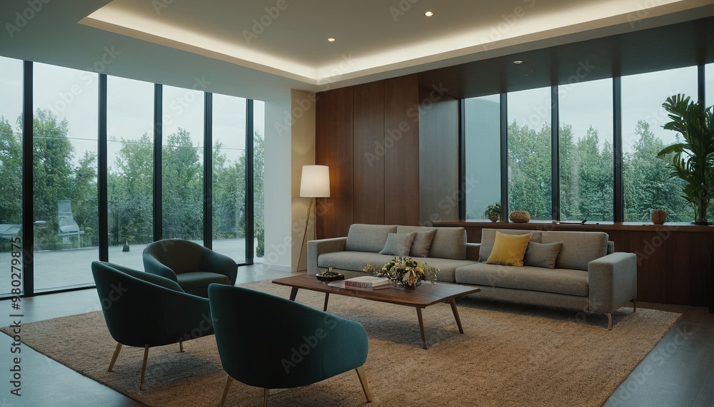 Fototapeta premium A stylish modern office lobby with bright city views and vibrant decor 94