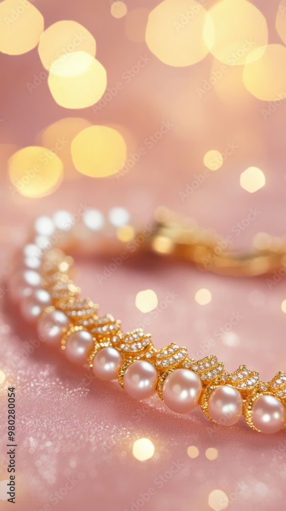 Luxurious gold and pearl necklace, on soft blush pink background with gentle glitter, with festive bokeh lights in background, Copy space, happy Diwali background, traditional, Indian festival. Luxurious gold and pearl necklace, on soft blush pink background with gentle glitter, with festive bokeh lights in background, Copy space, happy Diwali background, traditional, Indian festival.