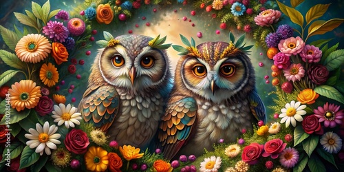 Two majestic owls nestled amidst a colorful wreath of blooming flowers, radiating a sense of mystique and serenity, evoking a profound connection with nature's beauty.