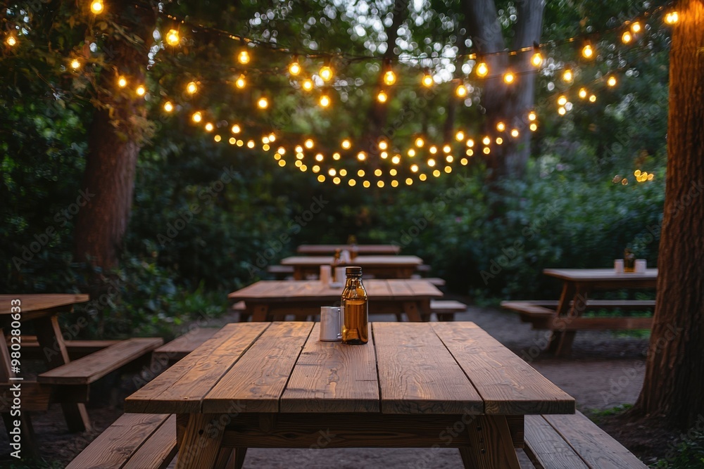 Rustic Wooden Picnic Table with String Lights. Rustic Wooden Picnic Table with String Lights.