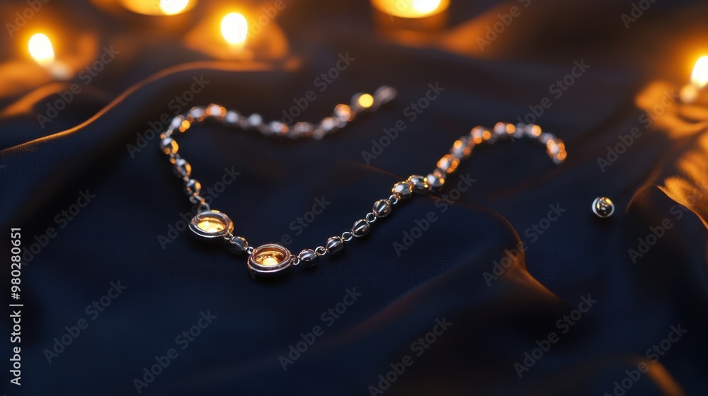 Polished silver anklets shining on a midnight black silk fabric, with an indigo-to-black gradient background and warm candlelight's flickering in the corners, Copy space, happy Diwali background Polished silver anklets shining on a midnight black silk fabric, with an indigo-to-black gradient background and warm candlelight's flickering in the corners, Copy space, happy Diwali background