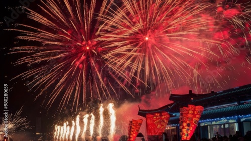 Fire Crackers in Chinese New Year Greeting Photo for Festive Spirit photo