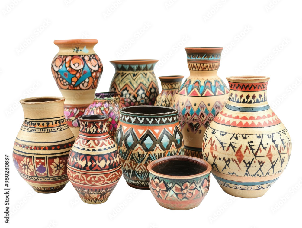 A collection of vibrant, hand-painted pottery showcasing unique designs and rich cultural patterns, perfect for home decor. transparent background A collection of vibrant, hand-painted pottery showcasing unique designs and rich cultural patterns, perfect for home decor. transparent background