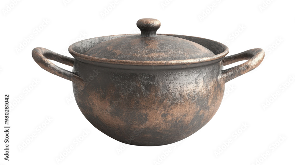 A detailed view of a rustic cooking pot, showcasing its antique design and craftsmanship, perfect for culinary themes. transparent background A detailed view of a rustic cooking pot, showcasing its antique design and craftsmanship, perfect for culinary themes. transparent background