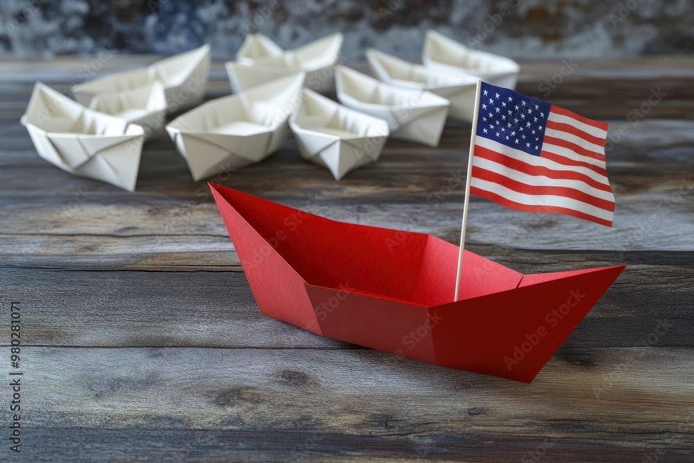 Red Paper Boat Leading A Fleet Of Small White Boats With American Flag On Wooden Table - Republican Leadership / Election Concept, ed render with generative ai Red Paper Boat Leading A Fleet Of Small White Boats With American Flag On Wooden Table - Republican Leadership / Election Concept, ed render with generative ai