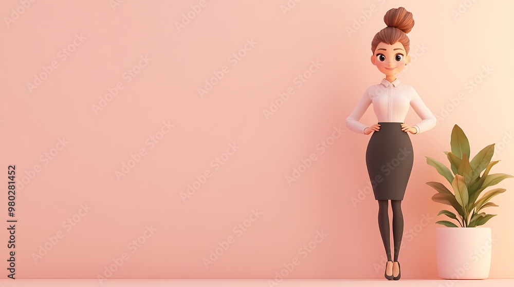 Cartoon Woman in White Shirt and Black Skirt Standing Against a Pink Wall Cartoon Woman in White Shirt and Black Skirt Standing Against a Pink Wall