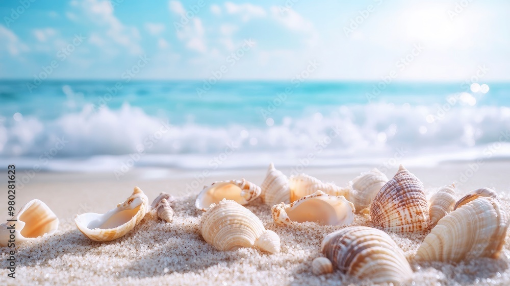 seashells on Sandy Beach / seashore, beach holiday Vacation background with generative ai seashells on Sandy Beach / seashore, beach holiday Vacation background with generative ai