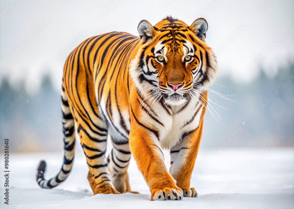 Majestic yellow black and white patterned Royal Bengal tiger walks solo on a pristine white background, eyes fixed on an unseen meal, powerful muscles rippling beneath its sleek coat. Majestic yellow black and white patterned Royal Bengal tiger walks solo on a pristine white background, eyes fixed on an unseen meal, powerful muscles rippling beneath its sleek coat.