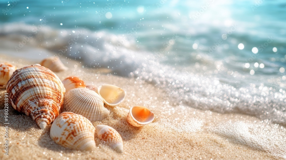 seashells on Sandy Beach / seashore, beach holiday Vacation background with generative ai seashells on Sandy Beach / seashore, beach holiday Vacation background with generative ai