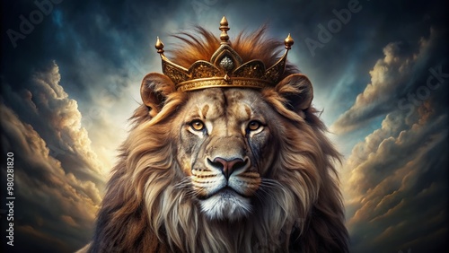 A regal lion's fierce expression beneath a intricately designed golden crown, set against a dramatic dark background, exudes power and authority in a mesmerizing pose. photo