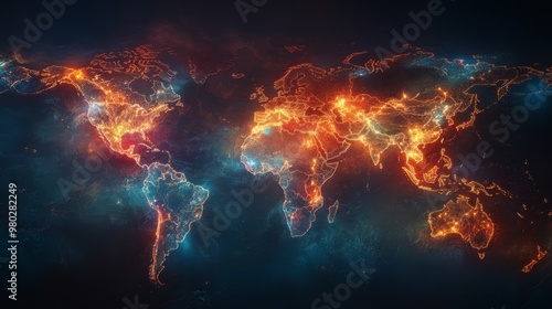 Global Network of Cities World Map with Illuminated Cities Glowing City Lights on Earth