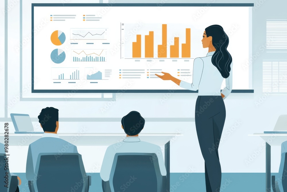 Businesswoman giving a presentation with graphs and charts. Businesswoman giving a presentation with graphs and charts.
