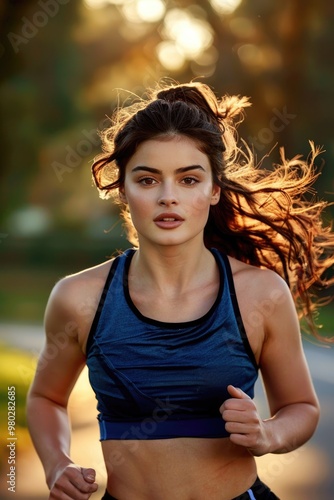 A young woman is running in the forest