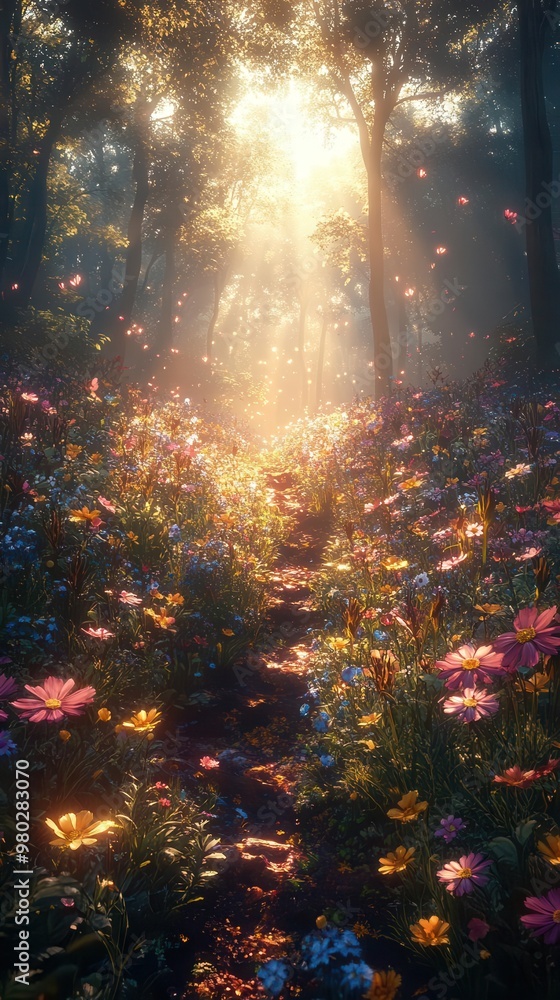 enchanted fairytale forest glade shimmering sunbeams piercing misty canopy vibrant wildflowers magical atmosphere enchanted fairytale forest glade shimmering sunbeams piercing misty canopy vibrant wildflowers magical atmosphere
