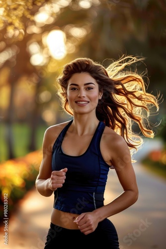 A young woman is running in the forest