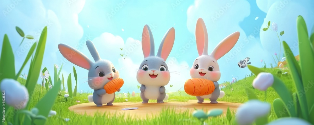 Naklejka premium Playful Rabbits frolicking with Giant Carrots in an Enchanting Fantasy Realm