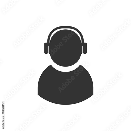 Simple black and white icon depicting a person wearing headphones, ideal for representing audio-related concepts such as music, podcasts, or customer support.