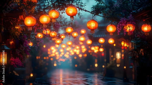 Illuminated Street with Red Lanterns - 3D Illustration