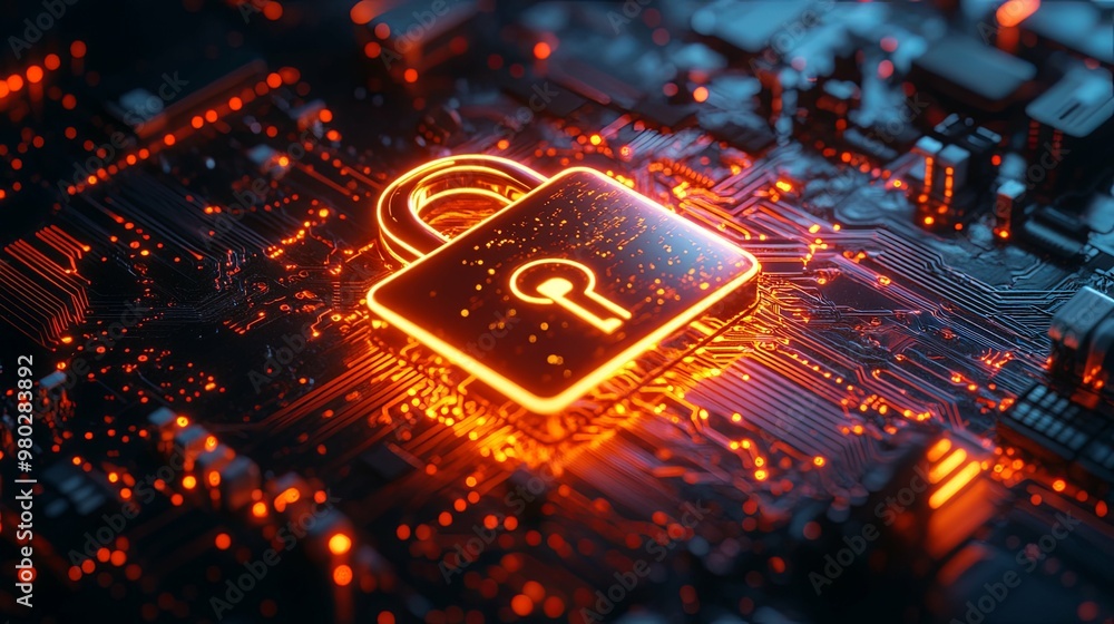 Glowing Padlock on a Circuit Board Glowing Padlock on a Circuit Board